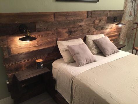 Rustic King Size Barn Wood Headboard Reclaimed Headboard, Rustic Wood Headboard, Diy Wood Headboard, Reclaimed Wood Headboard, Head Boards, Headboard With Shelves, Pallet Headboard, Modern Headboard, Headboard With Lights