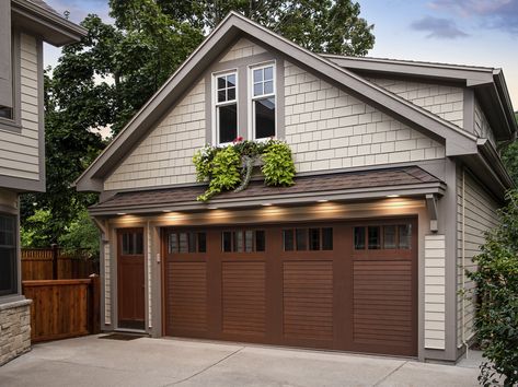 White House White Garage Door, Louver Door, Brown Garage Door, Southwestern House, Faux Wood Garage Door, Double Garage Door, Carriage House Doors, Door Projects, Modern Garage Doors