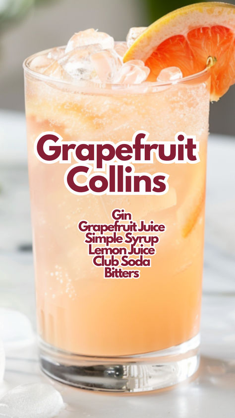 Grapefruit Collins Grapefruit Gin Cocktail, Soda Cocktails, Lemon Margarita, Easy Gin Cocktails, Cocktail Cards, Juice Cocktails, Grapefruit Bitters, Grapefruit Cocktail, Gin Drinks