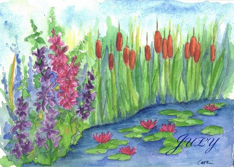 Happy July Birthday Cattails Larkspur Waterlily Pond card Larkspur Flowers, Pond Drawing, Waterlily Pond, Paintings Flowers, Larkspur Flower, Pond Painting, Flowers Easy, Flower Art Drawing, Happy July