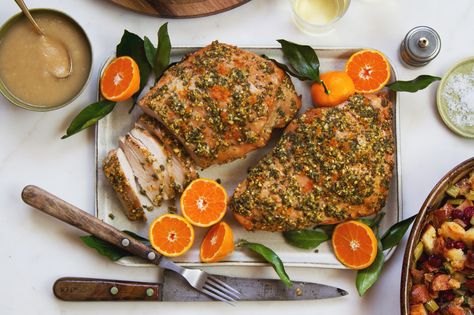 @saltandwind Herb-Orange Turkey Breast with Roasted Pear Gravy  | saltandwind.com Ground Turkey Breast Recipes, Turkey Breast Recipes, Herb Roasted Turkey Breast, Herb Roasted Turkey, Food Thanksgiving, Dinner Thanksgiving, Roasted Pear, Turkey Breast Recipe, Roast Turkey Breast