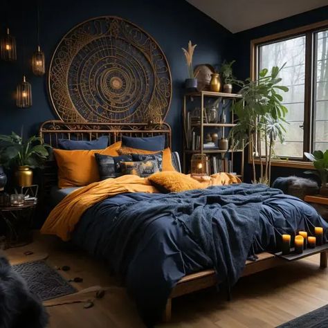 High Contrast Bedroom Ideas, Constellation Themed Bedroom, Celestial Bedroom Decor Ideas, Celestial Boho Bedroom, Boho Bedroom Design Ideas, Deep Blue Bedroom Ideas, Dark Boho Bedroom Decor, Dark Room Ideas Bedrooms, Viking Inspired Bedroom