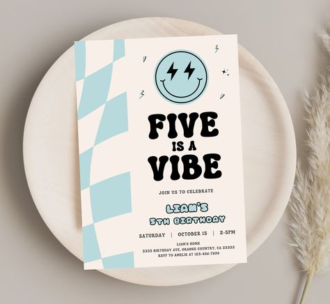 Fifth Birthday Party Ideas Boy, 5th Birthday Ideas For Boys Themes, Five Is A Vibe Birthday Party, Boys 5th Birthday, Five Is A Vibe, 5th Birthday Invitation, 5th Birthday Boys, 5th Birthday Party, Boy Birthday Party Themes