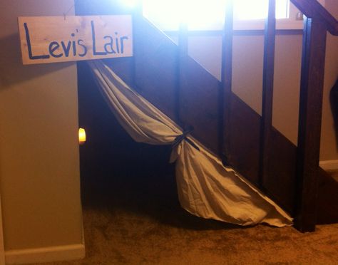 made under stairs area fort for Levi. Understairs Storage, Under Stairs, Day Work, Basement, Stairs, Old Things, Curtains, Home Decor