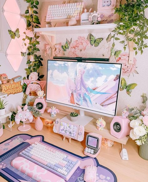 Cute Pink Desk Setup, Kawaii Cubicle Decor, Flower Gaming Setup, Kawaii Desk Setup Office, Fairycore Gaming Setup, Girly Computer Desk Setup, Pink And Green Desk Setup, Cute Laptop Setup, Pink And Green Pc Setup