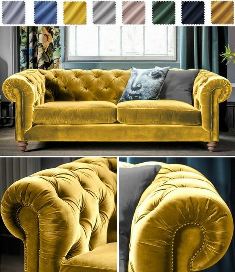 Velvet Chesterfield Sofa Living Rooms, Loving Room Ideas, Mustard Sofa, Ikea Corner Sofa, Upstairs Lounge, Chesterfield Sofa Living Room, Vintage Chesterfield Sofa, Chesterfield Sofa Bed, Chesterfield Bank