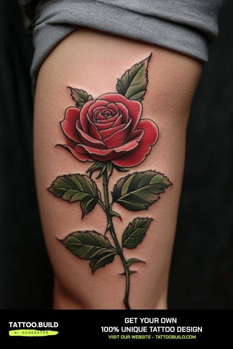 Beautiful Rose Thigh Tattoo Ideas Inspiring and Gorgeous Designs To Try Rose On Ribs Tattoo, Rose Thigh Tattoos, Rose Thigh Tattoo, Thigh Tattoo Ideas, Back Of Leg Tattoos, Long Stem Rose, Rose Tattoo Thigh, Masculine Tattoos, Rosé Back