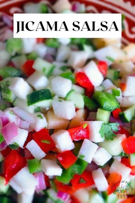 Jicama Salsa with apple, bell peppers, chili, and lime in a red and white bowl with a red napkin Jicama Salsa, Chili Lime Dressing, Types Of Salad, Refreshing Salad, Supper Recipes, Salsa Recipe, Salad Bar, Fresh Ingredients, Cucumber Salad