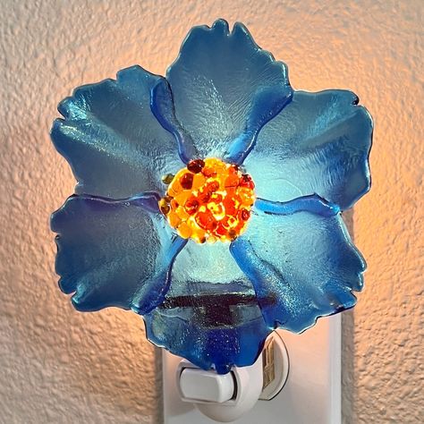 Elegant Illumination: Handcrafted Fused Glass Flower Night Light - Etsy Fused Glass Lampshades, Fused Glass Night Light Patterns, Glass Fusion Flowers, Fused Glass Lamp, Small Fused Glass Projects, Fused Glass Christmas Night Lights, Fused Glass Vase, Fused Glass Ideas For Beginners Projects, Fused Glass Night Lights