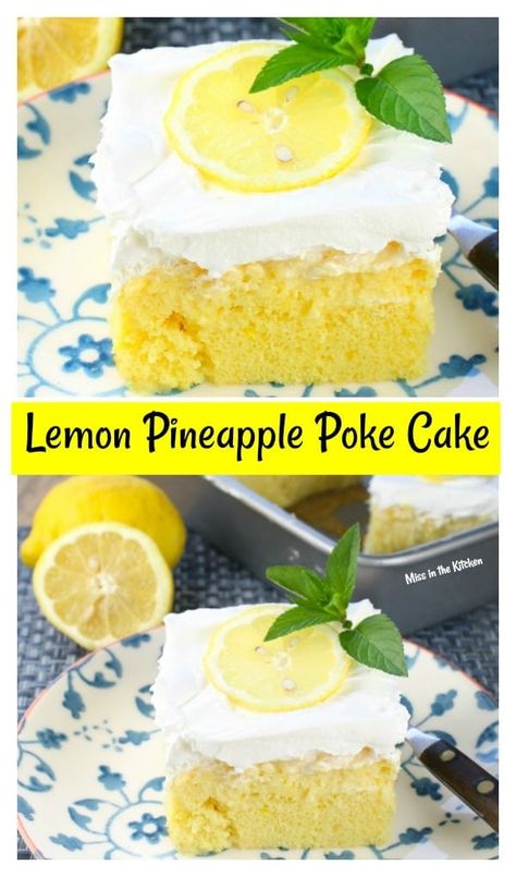 Lemon-Pineapple Poke Cake is the perfect dessert for potlucks! and family gatherings.  A moist lemon cake with sweet pineapple and lots of whipped topping, you won’t be able to resist a slice or two! Pineapple Lemon Cake, Lemon Pineapple Dump Cake, Lemon Mouse, Pineapple Poke Cake, Lemon Heaven, Lemon Trifle, Cinnamon Cake Recipes, Poke Cake Lemon, Lemon Treats