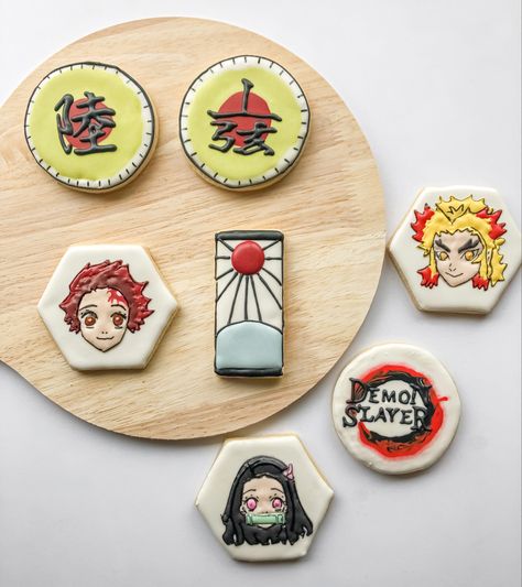 Demon slayer sugar cookies Demon Slayer Cookies Decorated, Demon Slayer Cookies, Anime Cookies, Icing Cookies, Royal Icing Cookies, Fun Food, Royal Icing, Cake Ideas, Cookie Decorating