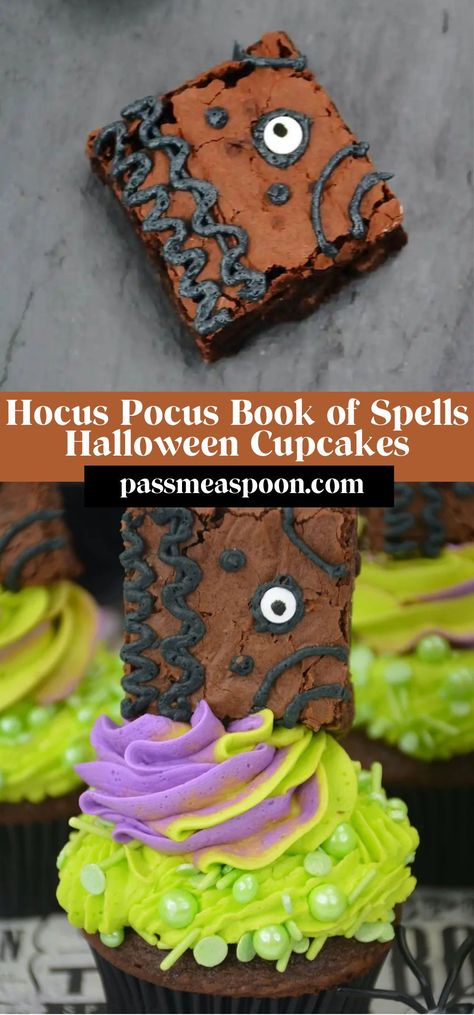 These super cute Hocus Pocus Book of Spells Halloween Cupcakes are the perfect sweet treat for a Halloween party! Hocus Pocus Book Of Spells, Hocus Pocus Book, Chocolate Chunk Brownies, Edible Eyes, Easy Buttercream Frosting, Purple Food Coloring, Store Bought Frosting, Book Of Spells, Purple Food