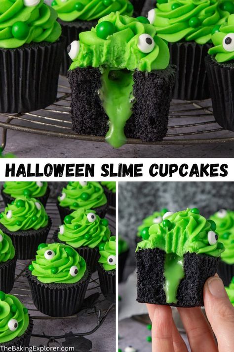 Recipe for Halloween Slime Cupcakes - black vanilla sponge, bright green buttercream, and creepy candy eyes. Filled with edible green slime! A fun spooky recipe for Hallowen #thebakingexplorer #halloweencupcakes #halloweenbaking #spookyseason #slimecupcakes