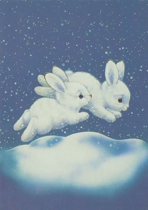 Unknown artist Illustration Friends, Drawing Bunny, Lapin Art, 동화 삽화, Illustration Mignonne, Art Mignon, Vintage Christmas Card, White Rabbits, Robin Bird