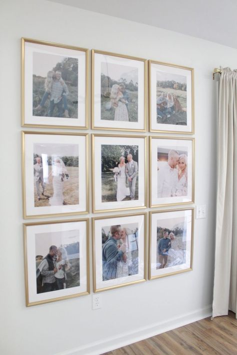 Grid Gallery Wall, Gallery Wall Sizes, Wedding Gallery Wall, Gallery Wall Frame Sizes, Gallery Wall Grid, Family Photo Gallery Wall, Living Room Gallery Wall, Hallway Pictures, Room Gallery Wall