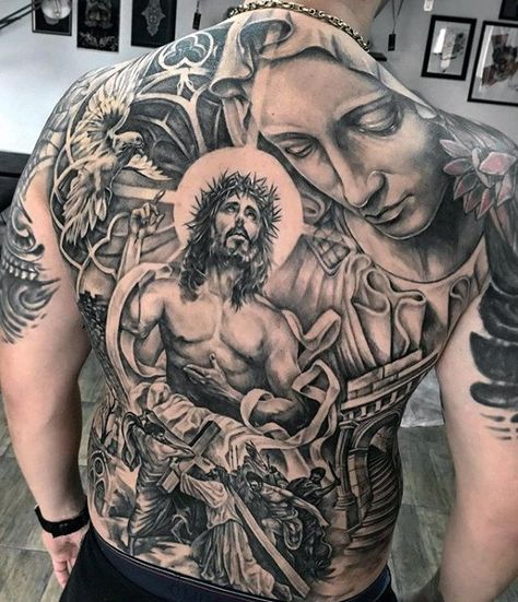 Religious Mens Catholic Jesus And Mary Back Tattoo Tattoos Torso, Religious Tattoo Sleeves, Chest And Back Tattoo, Christus Tattoo, Religion Tattoos, Tato Salib, Catholic Tattoos, Biblical Tattoos, Backpiece Tattoo