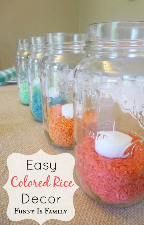 An incredibly easy centerpiece, made from colored rice and mason jars. Great for holidays and showers! | FunnyIsFamily.com | Diy Osterschmuck, Fiesta Tropical, Colored Rice, Simple Centerpieces, Hawaiian Party, Luau Party, Mason Jar Crafts, Easy Easter, Décor Diy