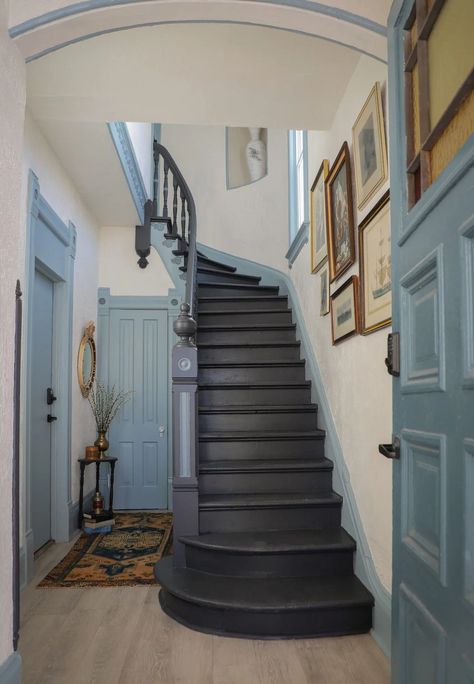 Hall Wall Colour, Painted Entryway, Downstairs Hallway, Entryway Staircase, Blue Entryway, Light Blue Paint Colors, Painted Staircases, Wall Color Combination, Hallway Colours