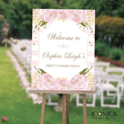 Floral First Communion Welcome Sign Garden Welcome Sign Floral Sign Pink Stripes - Gold and Pink - Printed or Printable File SWFC001 by IconicaDesign on Etsy Quince Welcome Signs, Petals And Prosecco Welcome Sign, Blush Pink And Gold Welcome Sign, 1st Birthday Signs, Floral Signs, Personalized Posters, Garden Signs, Birthday Sign, Party Items