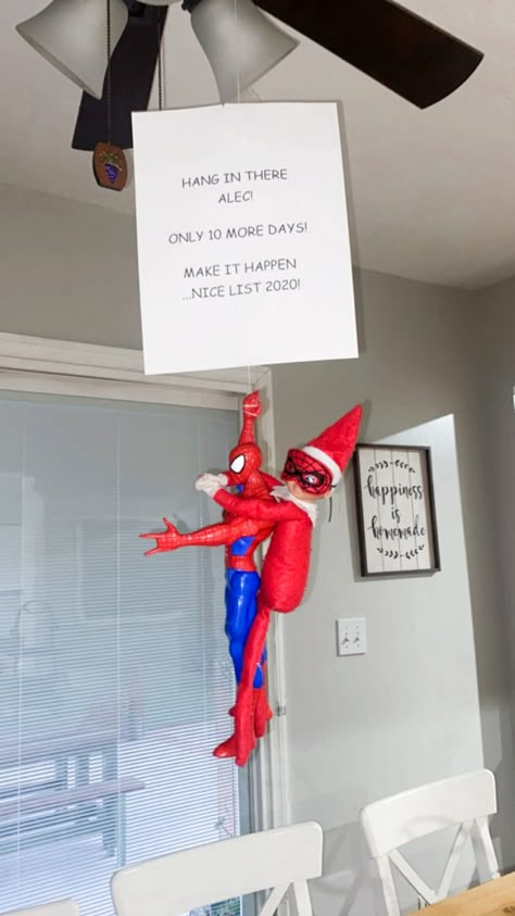 Elf On The Shelf Grand Entrance Ideas, Spider Man Elf On Shelf, Elf On The Shelf Grand Entrance, Elf On The Shelf Entry Ideas, Elf On The Shelf Entrance Ideas, Elf Entrance, Elf On The Shelf Spiderman, Elf On The Shelf Note, Elf Pictures