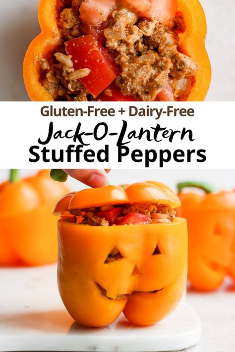 Jack-O-Lantern Stuffed Peppers (2 ways) Spooky Stuffed Peppers, Jack O Lantern Stuffed Peppers, Halloween Stuffed Peppers, Fall Ambiance, Wooden Skillet, Halloween Sleepover, Taco Stuffed Peppers, Whole30 Fish Recipes, Stuffed Peppers Healthy