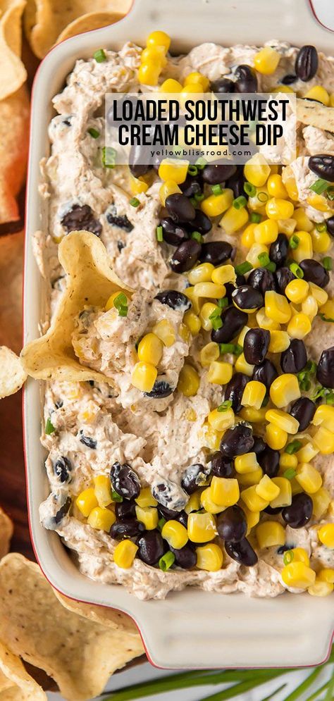 Loaded Cream Cheese Dip is full of southwest flavor with black beans, corn, salsa, lime and plenty of seasonings. Serve with chips, crackers or veggies. #appetizer #diprecipes Black Beans Corn, Cream Cheese Dip, Delicious Dips Recipes, Cream Cheese Dips, Corn Salsa, Dip Recipes Easy, Buffalo Chicken Dip, Mango Salsa, Football Food