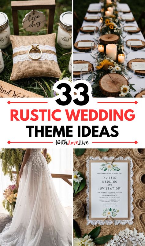 Make your rustic wedding unforgettable with these charming ideas! 🌻💫 Explore creative decor like wooden signage, lush greenery, and vintage details that give your celebration a warm, welcoming vibe. Save this pin for the best rustic wedding inspiration! 📌🌸 Earth Tones Wedding Decor, Rustic Charm Wedding, Wedding Decoration Inspiration, Vintage Wedding Ideas On A Budget, Brown Tone Wedding, Rustic Garden Wedding Ideas, Simple Rustic Wedding Decorations, Cowboy Wedding Decor, Rustic Diy Wedding Decorations