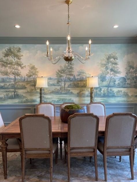 A Place To Gather: Dining Room Murals | Susan Harter Muralpapers Scenic Wallpaper Dining Room, Dining Room Mural Wallpaper, Dining Room Half Wall Wallpaper, Small Dining Room Wallpaper, Wallpaper For Dining Room Accent Walls, Mural Wallpaper Dining Room, Dining Room Wall Mural, Mural Dining Room, Scenic Mural