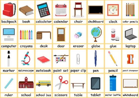 Classroom objects Flashcards - Simple flashcards for ESL Teachers Classroom Objects Flashcards, Classroom Flashcards, Classroom Object, Flashcards For Kindergarten, Useful Vocabulary, School Objects, Classroom Objects, Free Flashcards, English Teaching Materials