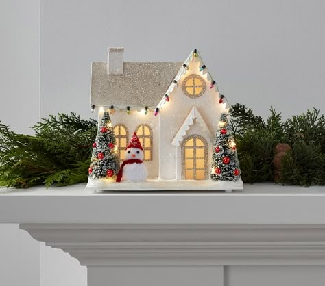 Christmas Decorations For Kids | Pottery Barn Kids Interior String Lights, House Pottery, Holiday 2022, Christmas Decorations For Kids, Christmas Village Houses, Glitter Houses, Putz Houses, Up House, Stocking Holders