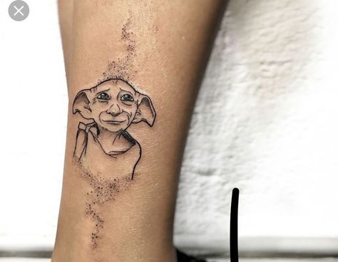 Simple Dobby Tattoo, Dobby Harry Potter Tattoo Design, Harry Potter Dobby Tattoo, Dobby Tattoo Harry Potter, Dobby Tattoo, Harry Potter Tattoo Sleeve, Sock Tattoo, Harry Tattoos, Tattoo Halloween