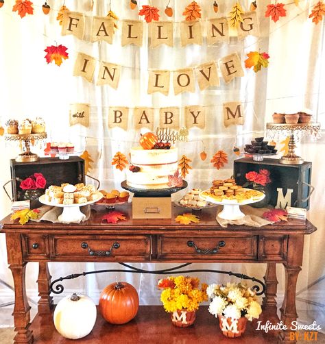 Falling In Love With Baby Shower Ideas, Falling In Love With Baby Shower Theme, Falling In Love Baby Shower Theme, Fall Dessert Table, Baby Shower Sweets Table, Fall Desserts Table, Ash Baby, Fall Baby Shower Themes, October Baby Showers