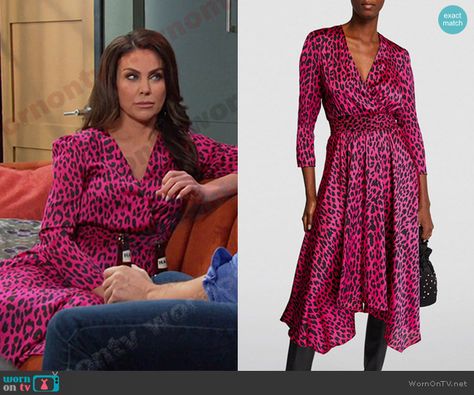 Chloe’s pink leopard print dress on Days of our Lives. Outfit Details: https://wornontv.net/369846/ Jungle Outfit, Pink Leopard Print Dress, Nadia Bjorlin, Abstract Print Dress, Chloe Dress, Pink Leopard Print, Satin Shirt, Days Of Our Lives, Satin Top