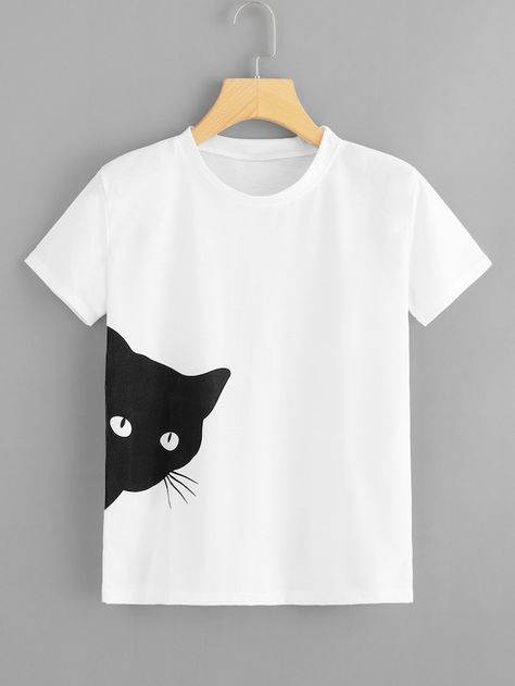 Cat Print Tee -SheIn(Sheinside) T Shirt Painting, Shirt Design Inspiration, Shirt Print Design, 자수 디자인, Cooler Look, Painted Clothes, Creation Couture, Tee Shirt Designs, T Shirt Diy