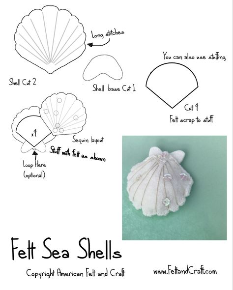 DIY Felt seashell- pattern toy & ornament | ~American Felt & Craft ~ Blog Seashell Felt Pattern, Felt Sea Animals Pattern, Felt Shell Pattern, Felt Seashells Pattern, Felt Crab Pattern, Mermaid Felt Patterns, Felt Ocean Animals Free Pattern, Felt Jellyfish Pattern, Felt Sea Shells