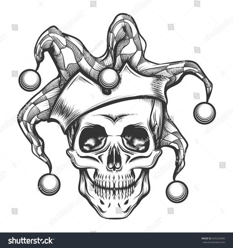 Hand drawn jester skull in fools cap. Vector illustration in engraving tattoo style. #Ad , #SPONSORED, #skull#fools#jester#Hand Jester Skull, ศิลปะ Sugar Skull, Drawing Joker, Jester Tattoo, Image Joker, Joker Drawing, Hat Drawing, Engraving Tattoo, Clown Tattoo