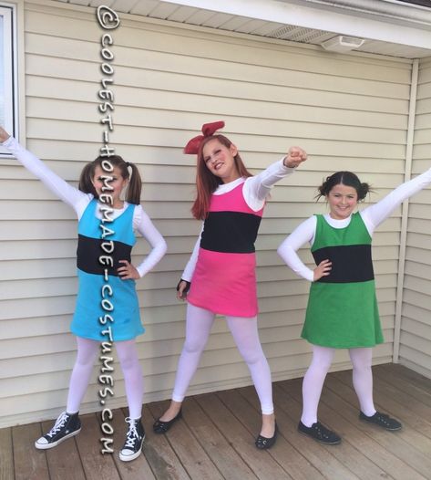 Powerpuff Girls Costume Diy, Powerpuff Costume, Power Puff Costume, Girl Zombie Costume, Powerpuff Girls Costume, Trio Costumes, Girl Group Costume, Easy Diy Costumes, Costumes Kids