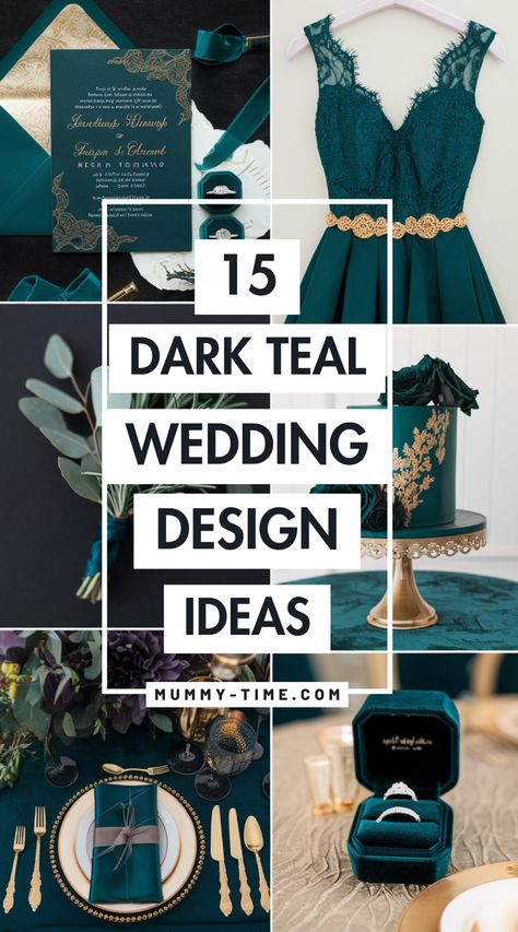 Dive into dark teal wedding aesthetics that exude elegance and charm! Our article offers fresh ideas on decor, attire, and more to make your day unforgettable. 🌌💍 Be sure to save this pin for your wedding inspiration! Peacock Color Scheme Wedding, Peacock Color Wedding Theme, Dark Teal And Orange Wedding, Teal Color Palette Wedding, Teal And Blue Wedding, Dark Teal And Gold Wedding, Dark Teal Wedding Decor, Teal And Rose Gold Wedding, Teal And Navy Wedding