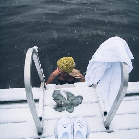 Winter Swimming, Bathing Suit In Snow, Cold Water Swimming Aesthetic, Hot Tub Winter Aesthetic, Sauna By The Lake, Hottub Snow Pics, Ice Swimming Finland, Cold Lake, Cold Time