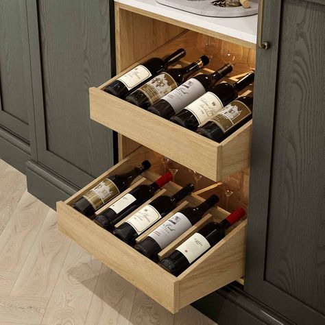 Wine Drawer, Wine Rack Inspiration, Unique Kitchen Design, Larder Unit, Corner Pantry, Organisation Ideas, Small Kitchen Storage, Kitchen Pulls, Kitchen Cabinet Organization