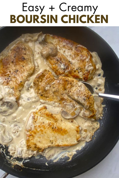 chicken breasts in creamy boursin sauce with mushrooms Boursin Chicken, Pan Seared Chicken Breast, Spinach Mushroom, Ways To Cook Chicken, Steamed Asparagus, Boursin Cheese, Creamy Mushroom Sauce, Easy Weeknight Dinner, Creamed Spinach