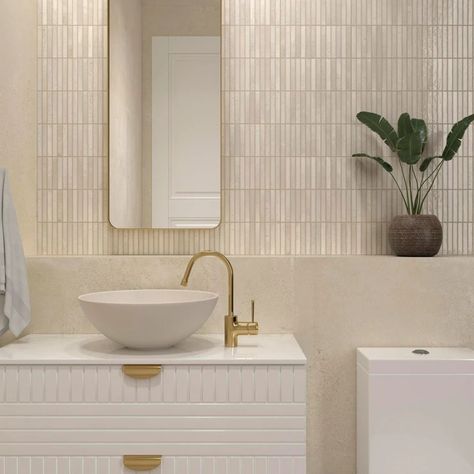 Beige Tiles Bathroom, Modern Beige Bathroom, Ribbed Tile, Cleaning Bathroom Tiles, Japandi Bathroom, Chalet Interior Design, Cream Bathroom, Topps Tiles, Beige Tile