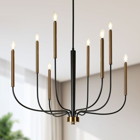 Modern 8-Light Chandelier Black Gold 37-in Classic Lights for Dining Room - 36.8"Dx25.5"H - On Sale - Bed Bath & Beyond - 39476306 Traditional Dining Room Chandelier, Black And Brass Chandelier, Traditional Dining Room Table, Scandinavian Chandelier, Modern Farmhouse Chandelier, Chandelier Black, Classic Chandelier, Classic Candles, Traditional Dining