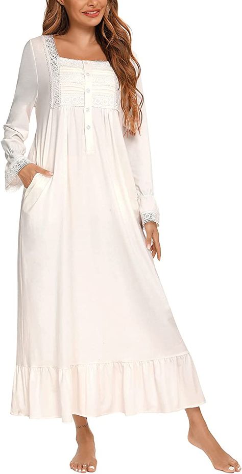 100% Cotton Victorian Nightgowns for Women Long Sleeve White Loose Comfy Nightdress Loungewear Robes White M at Amazon Women’s Clothing store Nightgown Vintage, Victorian Nightgown, White Nightgown, Cotton Loungewear, Vintage Pajamas, Wedding Dress With Pockets, Pajama Dress, Vintage Princess, Princess Ball Gowns