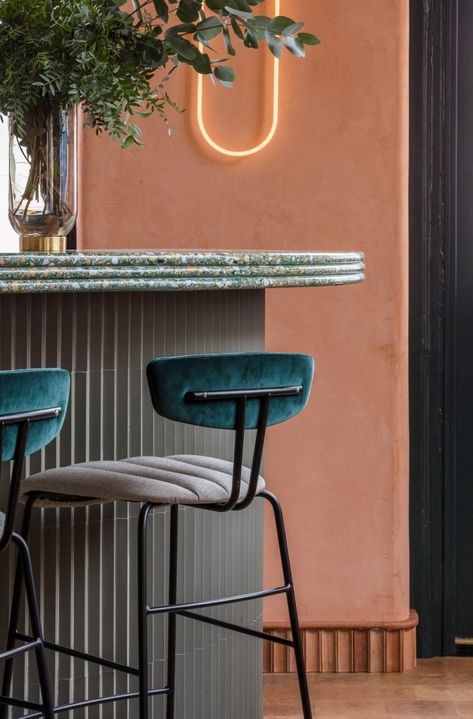 Sella Concept combines Mediterranean hues and textures for London tapas restaurant Omar's Place #terrazzo Concept Restaurant, Tapas Restaurant, Interior Design London, Kursi Bar, Bar Interior, Thai Restaurant, Design Del Prodotto, Design Industrial, Restaurant Interior Design