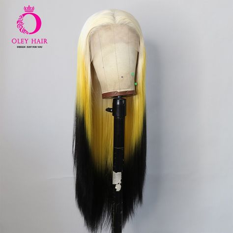 Ombre Yellow Colored 13x4 Synthetic 30 Inch Straight Heat Resistant Lace Front Wig Pre Plucked Cosplay Wigs For Black Women Black And Yellow Wig, Yellow And Black Hair, Yellow Hair Color, Yellow Ombre, Synthetic Lace Wigs, Ombre Wigs, Black Wig, Yellow Hair, Synthetic Lace Front Wigs