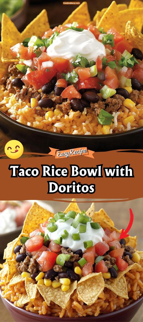 Spice up your mealtime with a Taco Rice Bowl with Doritos, a fun and flavorful twist on traditional tacos. This bowl layers seasoned ground beef, fresh vegetables, and zesty cheese over a bed of warm rice, all topped with crunchy Doritos for an extra kick. It’s a vibrant, satisfying dish that's perfect for a casual dinner or entertaining friends. #TacoBowl #Doritos #EasyMeals Nachos With Rice, Dorito Recipes, Taco Rice Bowl Recipe, Taco Rice Bowl, Traditional Tacos, Doritos Taco, Taco Salad Bowls, Food Alternatives, Taco Rice