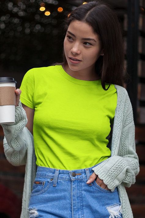 Add a pop of neon to your favorite tees with these women's neon green tees. With their bright and fun colors, these athletic Tees are sure to get you noticed at the gym, sports game or any fun occasion. Shop Now 😍 Green T Shirt Outfit, Neon Crop Top, Women Half Sleeve, Outfit Shop, Sports Game, Green Tee, Green T Shirt, Hey Girl, Sporty Look