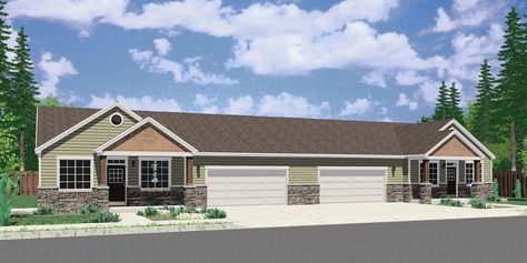 1 Story Duplex House Plan: 3 Bedroom, 2 Bath, With 2 Car Garage 3 Bedroom Duplex Floor Plans, Multigenerational House Plans, Condo Floor Plans, Retirement House Plans, Duplex House Plan, Multigenerational House, Family Houses, Duplex Floor Plans, House Plan With Loft