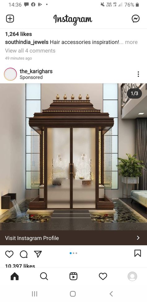 Pooja Room With Water Pond, Open Pooja Room Ideas Indian, Pooja Mandir Modern Home, Temple Room Interiors, Mandir In Living Room, Mandir Ideas For Small Space, Pooja Room Ideas Indian Modern, Puja Room Design Indian, Home Temple Ideas Puja Room